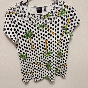 Raffaella Studio Women's White Black Polka Dot Palm Tree Crew Neck T-Shirt XS